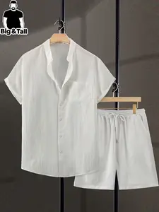 Men's Summer Casual Loose-Fitting Plain Blouse & Shorts Set, Button-Up Short Sleeve Shirt, Drawstring Sporty Shorts, Beach Vacation Wear Menswear