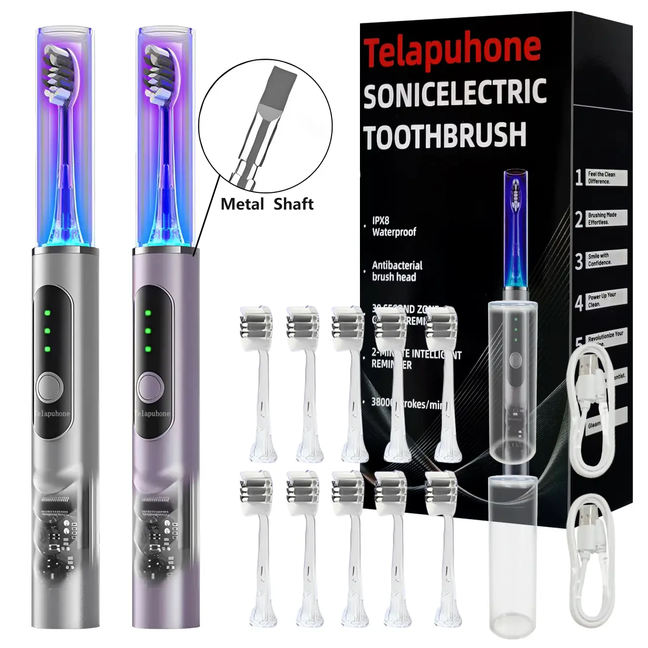 IPX8 Sonic Electric Toothbrush for Adults with Brush Head Care Mode - 6 Modes, Rechargeable Toothbrush with 5 Replacement Brush Heads
