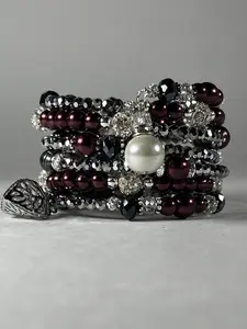 Burgundy and Black toned Sparkly Bohemian style beaded Memory Wire Bracelet, Wrap Bracelet, Stack Bracelet with fresh water pearl