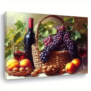Vibrant Still Life Canvas Art of Wine and Fruits - Wooden Frame Wall Decoration with Grapes, Peaches, and Red Wine - Perfect Gift for Her or Him - Can Be Hanging in Living Room, Kitchen, or Dining Room - 29.97x 39.88cm