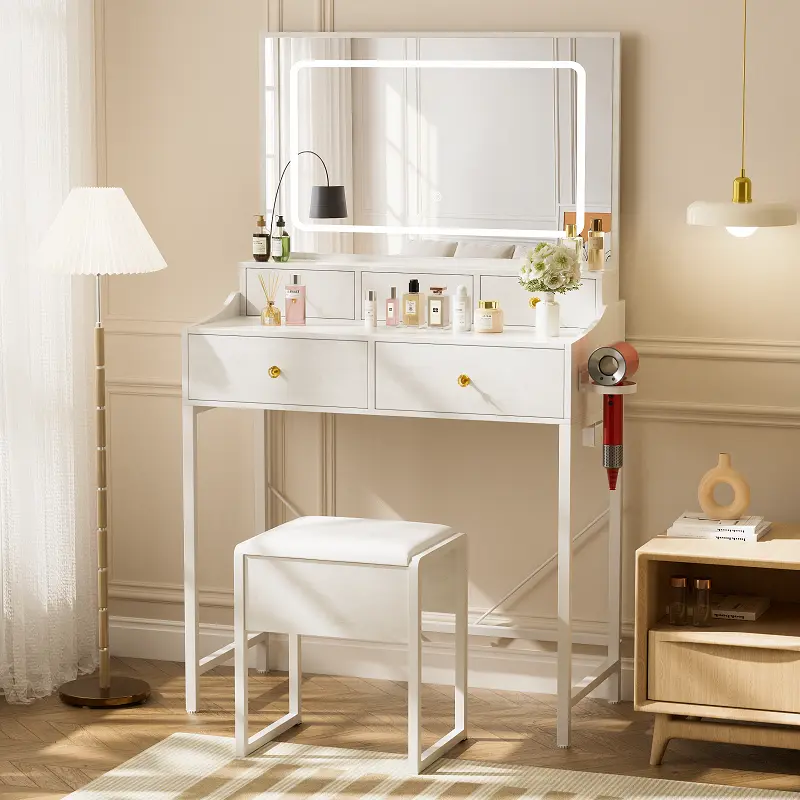 Comhoma Sturdy Waterproof Metallic Makeup Vanity Desk Set with Built-in Stepless Dimmable 3-Color LED Accent Lights, Charging Station, 5 Drawers, Vanity Chair, Storage-Focused Bedroom Dresser