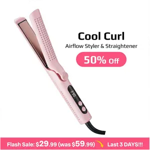 360° Airflow Styler 2 in 1 Hair Straighteners & Curling Iron, 360° Cool Air Design, LED Digital Temp Display 100‑230℃, Adjustable Heat Flat Iron & Curler for All Hair Types, Pink, Lightweight, Salon at home, Smooth Hair