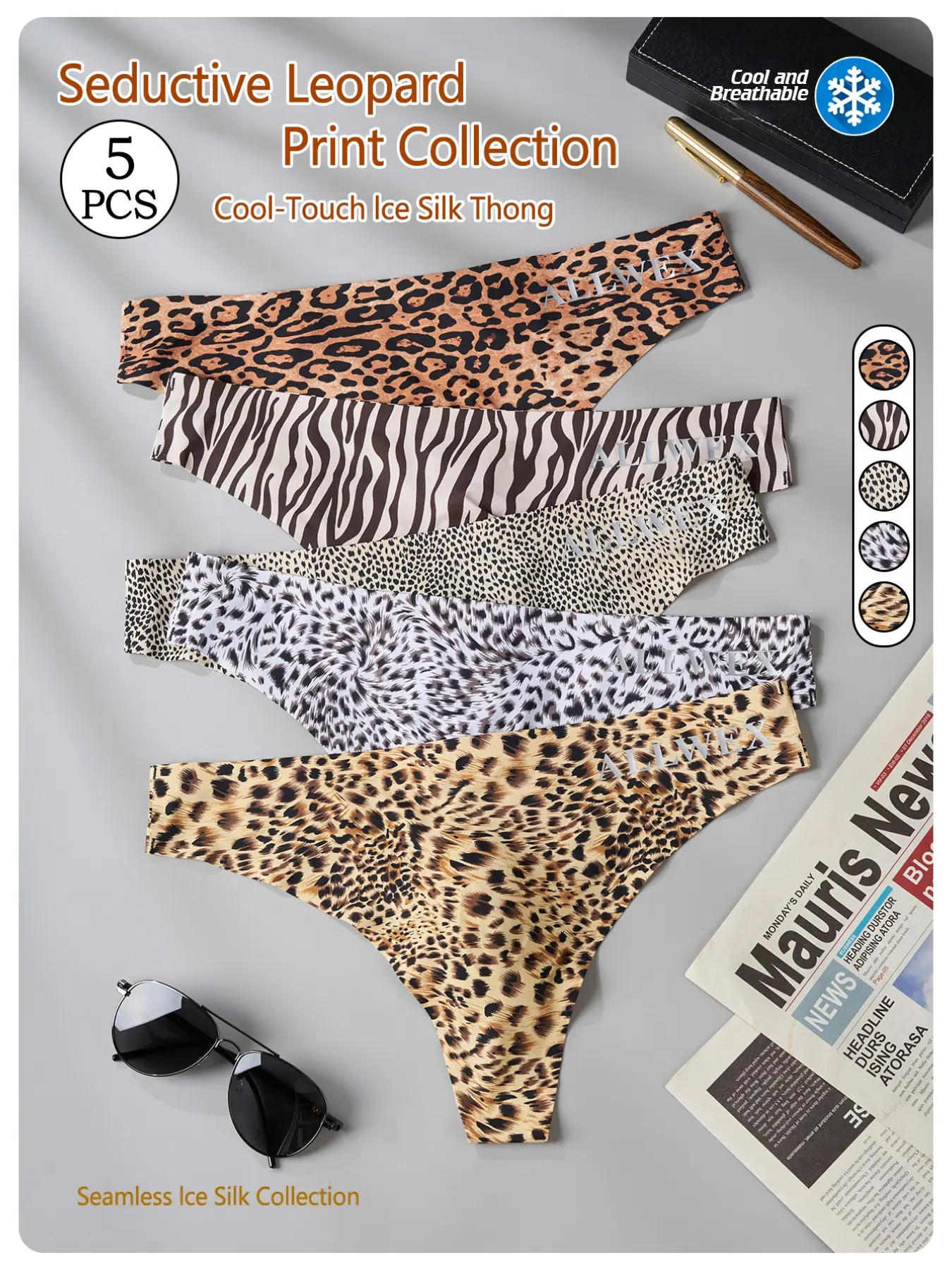 5pcs Men's Leopard Print Thong Underwear, Colorful Cool Ice Silk Fabric, Breathable Soft Underwear, Breathable Quick-Dry Sport Style, Comfortable No-Show Design, Breathable Comfy Underwear, Breathable Undergarments
