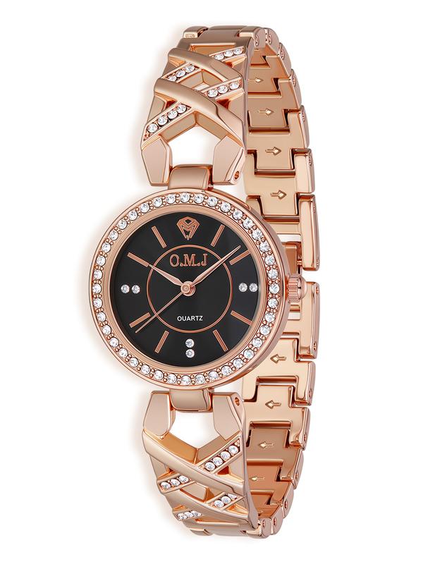 Women's O.M.J. G069 Rose Gold Quartz Analog Wristwatch - 25mm Round Face, Black Dial with Crystal Accents, Steel Strap, Mineral Glass, Casual Wear, Modern Fashionable, << 30M, 12-Month Warranty