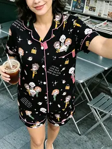 Cartoon Character Print Pajama Set, Soft Fabric, Fun Illustrations, Cozy and Comfortable, All Seasons, Loose-Fit, Short Sleeve