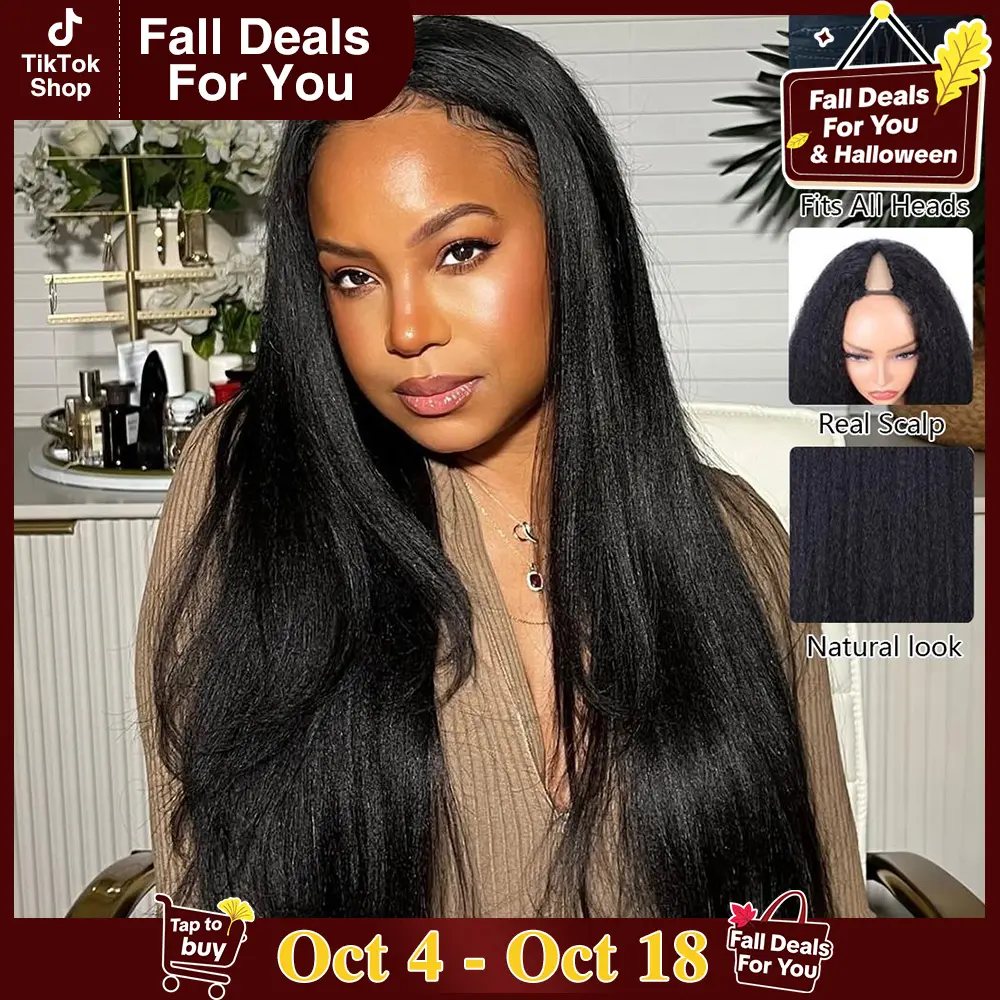 STERLY V Part Kinky Straight Human Hair Wig Yaki Straight Human Hair Wigs Upgrade U part Wig No Leave Out 12A Glueless Kinky Straight V Shape Clip in Half Wig No Glue No Sew Beginner Friendly 180% Density Wig #tiktokshopstockup