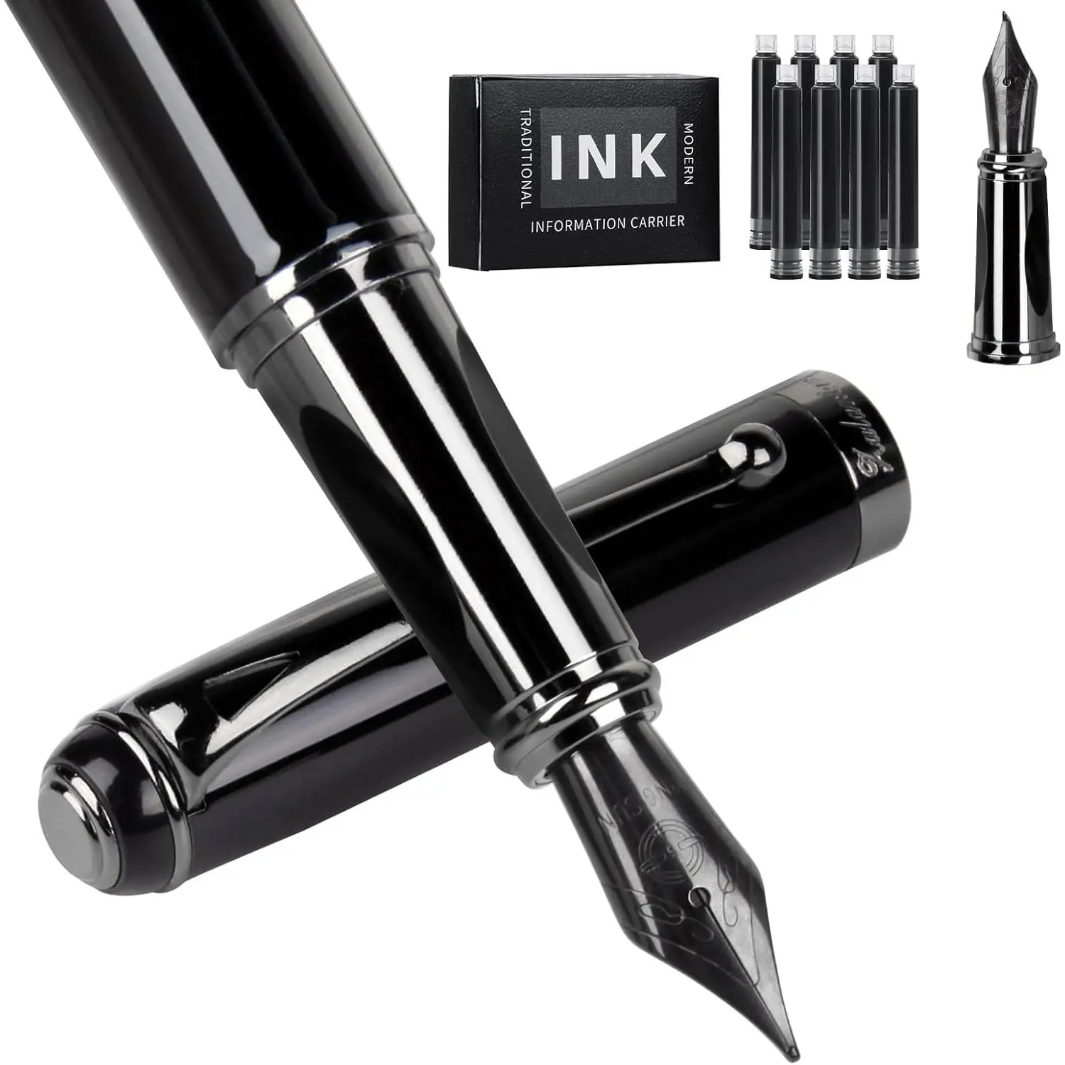 Fountain Pen-Smooth Writing Metal Water Pen with  Case Fine Nib Consistent Ink Flow Luxury Pen for Nice Pens Includes a Calligraphy Nib 8 Cartridges a Ink Refill Converter(Grey)