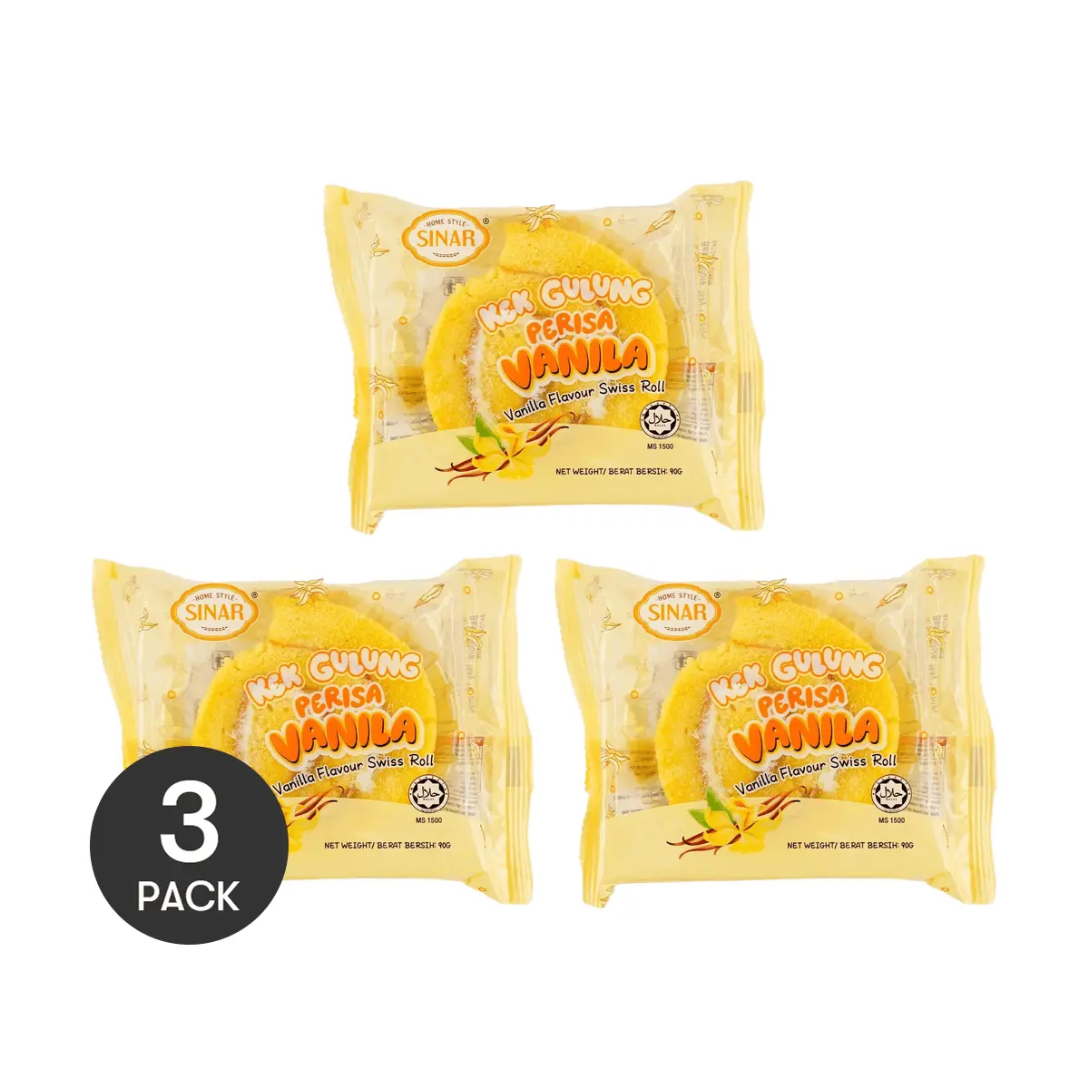 3 Pack SINAR Swiss Roll Cake Vanilla Flavor 90g Each - Authentic Malaysian Snack, Soft & Creamy Dessert