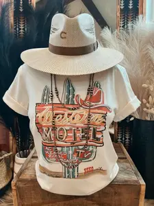 Western-style Patterned T-shirt- White T-shirt Decorated with Cactus, Red Cowboy Hat, and Vintage Text Design| A Must-have for Lovers of Western Aesthetics and Rustic Charm|"sport""Athleisure"