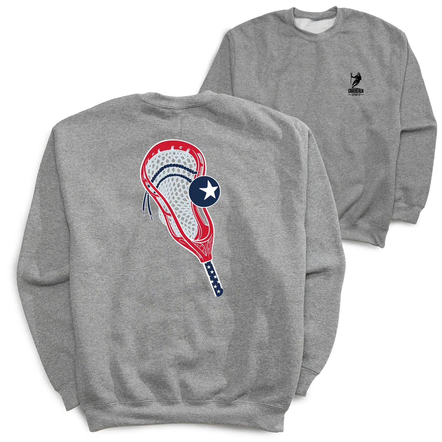 Men's Lacrosse Crew Neck Long Sleeve Fleece Sweatshirt - Relaxed Fit Casual Top for Lacrosse Fans, Back Patriotic Stars and Sticks Graphic, Chilly Day Sportwear, Starry Men's Sweatshirts, Love, Not Sure