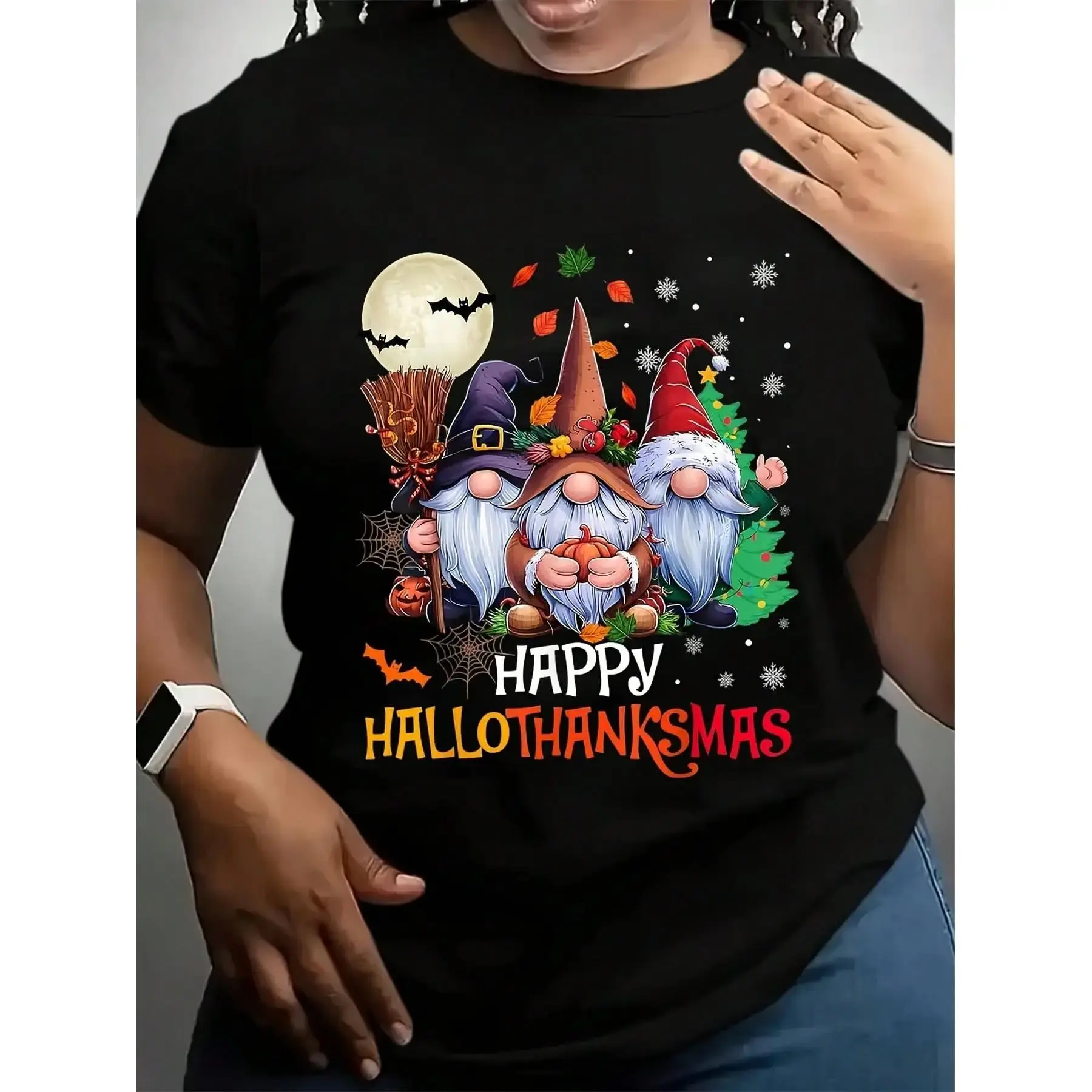 Men's Soft Slim Fit Black Cotton T-Shirt Happy Hallothanksmas Gnomes Design With Festive Halloween & Christmas Theme, Perfect For Outdoor Activities And Casual Attire Y2K Streetwear Graphic Tee