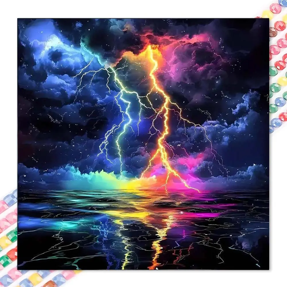 1pcs 5D DIY diamond painting set, 5D diamond art kit, DIY decoration, colorful lightning, storm cloud, water reflection diamond painting set full round drill DIY, mosaic, diamond art, DIY art home decoration, suitable for Halloween and Christmas.