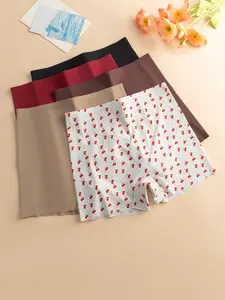 Women's High Waist Seamless Underwear, Cherry Print Fashion Panties, Breathable Stretchy Casual Sportswear, All-Season Pack of 5, High Waisted Seamless