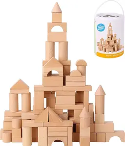 Pidoko Kids Wooden Blocks - 100 Pcs - Building Blocks for Toddlers - Includes Storage Container with Shape Sorter Lid - Natural Beech Wood Blocks - Preschool Learning Toys Stacking Block