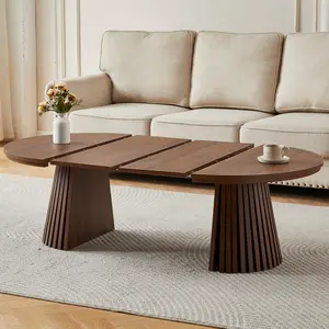 Wooden Coffee Table Extendable Space-Saver Oval Rustic Living Room Center Table Walnut