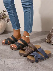 Trendy Open Toe Cross-Band Platform Slides, Women Casual Summer Slip-On Shoes