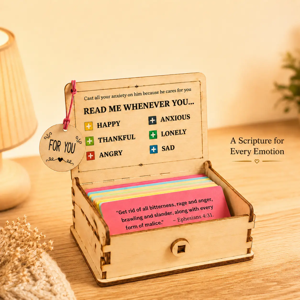 Handmade Natural Wood Self-Care Gift Pack Set - Decorative Home Supply with Multiple Cards, Bible-Inspired Verses, Inspirational Text, Anxiety-Stress Relief, Great Gift Idea for Friends, Desk Decor