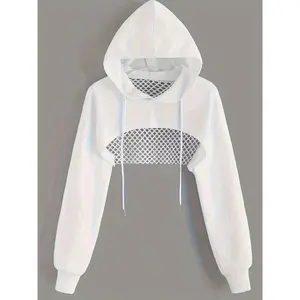 Solid Color Mesh Hooded Short Sweatshirt, Fashion and Jacket, Women's Clothing