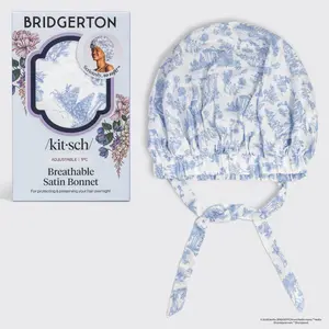 Bridgerton x Kitsch Breathable Satin Bonnet in Garden Toile, Adjustable Sleep Cap, Protect & Preserve Hair Overnight