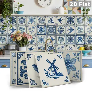 12/24 PCS Gift Box ART Delft Blue Style Floral Pattern PE Crystal Tile Stickers Waterproof Oil-Proof Home Decor for Kitchen Bathroom Walls Floors