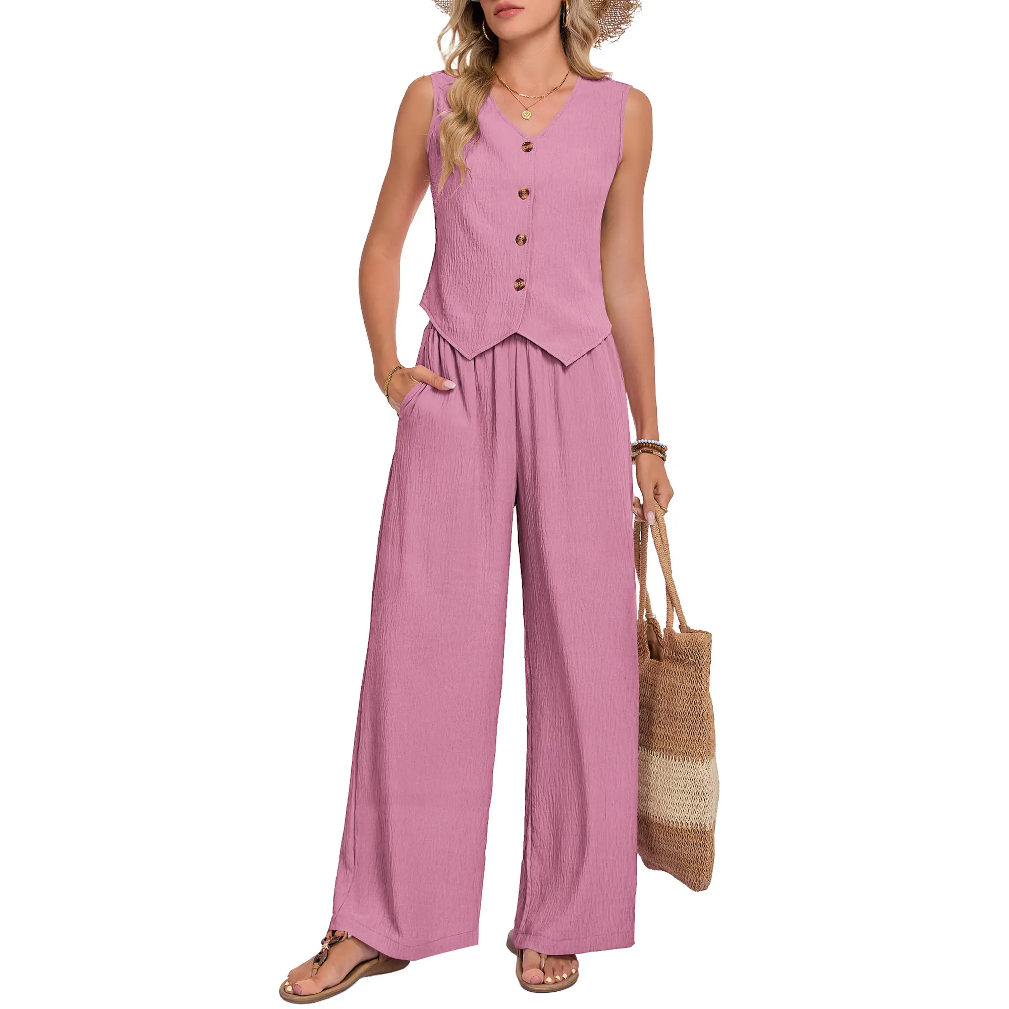 MOLERANI Womens Two Piece Outfits Summer Fashion Button V Neck Crop Vest Tops and Wide Leg Pants Suit Matching Sets