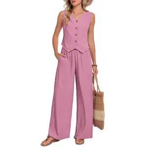 MOLERANI Womens Two Piece Outfits Summer Fashion Button V Neck Crop Vest Tops and Wide Leg Pants Suit Matching Sets