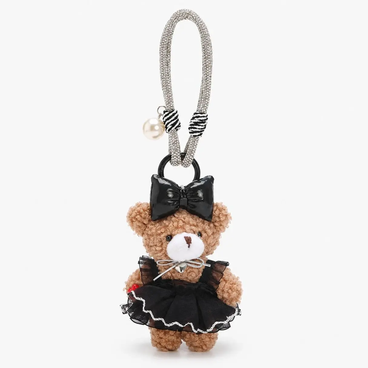 Teddy Huggy 5.9-Inch Black Bow Teddy Bear Plush Keychain in Tulle Dress with Wristlet Strap, Bag Charm, Phone Charm and Coquette Fashion Accessory