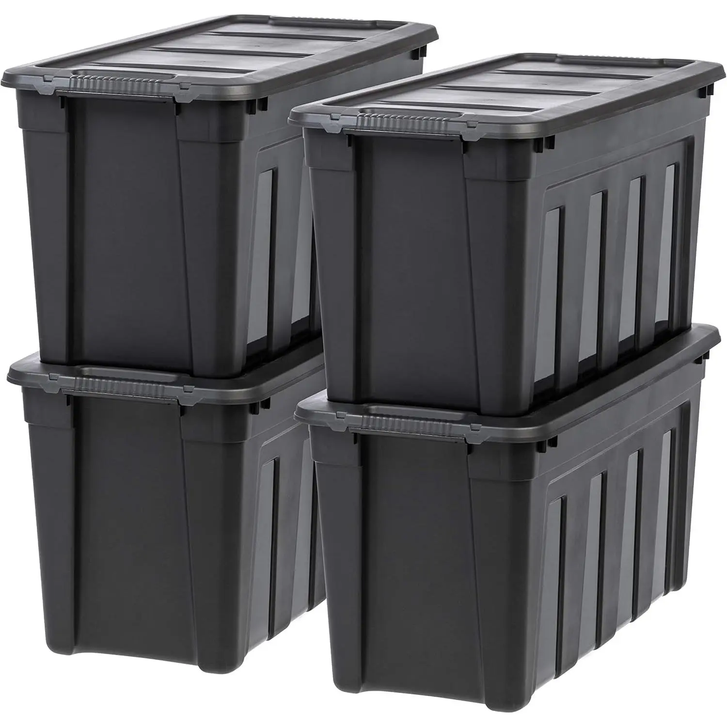 USA 31 Gallon Heavy Duty Totes for Storage with Easy-Grip Handles, 4 Pack - Made in USA, Storage Bins with Lids, Durable Stackable Utility Containers, Large Garage Organizing Tubs - Black