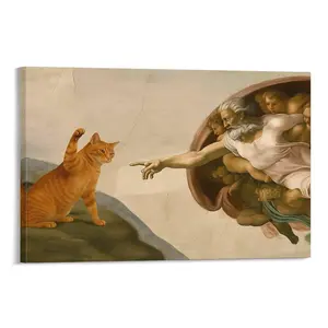 Enaissance Cat And Adam Poster Print Funny Whimsical Meme Wall Art Humorous Michelangelo Parody Canvas Decor Quirky Animal Aesthetic For Bedroom Room Home