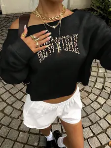 Women's Loose Fit Asymmetrical Shoulder Long Sleeve Top, Leopard Letter Print, Comfortable Soft Fabric, Spring & Fall Fashion