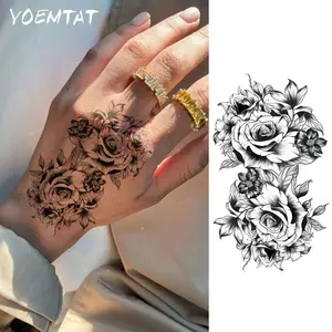 Waterproof Temporary Tattoo Sticker Black Lines, Roses, Lily, Peonies, Flowers, Leaves, Hands, Small Patterns Body Art Arm Fake Tattoos Sleeve For Women Men Shoulders Abdomen Waist Legs Ankles