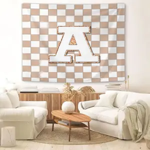 Preppy Beige Checkerboard Initial Letter Tapestry, Neutral Aesthetic Wall Hanging Tapestries,Modern Minimalist Backdrop Decor, Lightweight Art Wall Decor For Bedroom Living Room Dorm Party Home