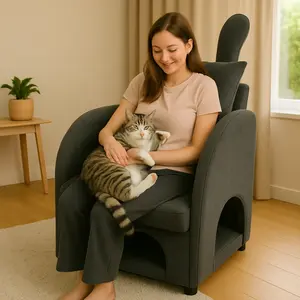 2-in-1 Pet-Friendly Armchair with Hidden Pet Hideaway, Bunny-Ear Backrest & Scratch-Resistant Fabric, Dual-Use Sofa Chair for Cats or Small Dogs, Dark Gray, 27.4"x25.2"x37.4" Outdoor Enclosure Roof catio Breathable Elevated Cooling Bed