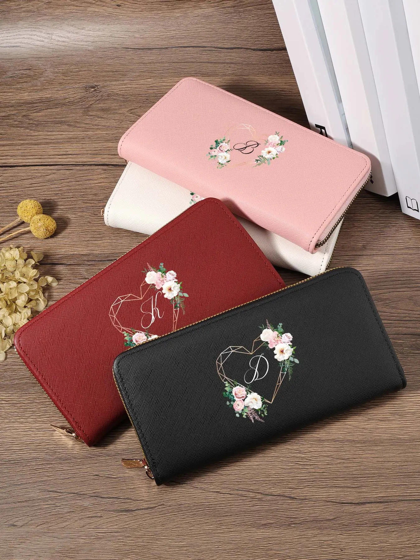 Casual Initial Floral Rose Long Zipper Wallet, Comfortable Large Capacity Monogram Clutch Bag Multi-Slot Portable Card Holder for Women Daily Outings & Travel