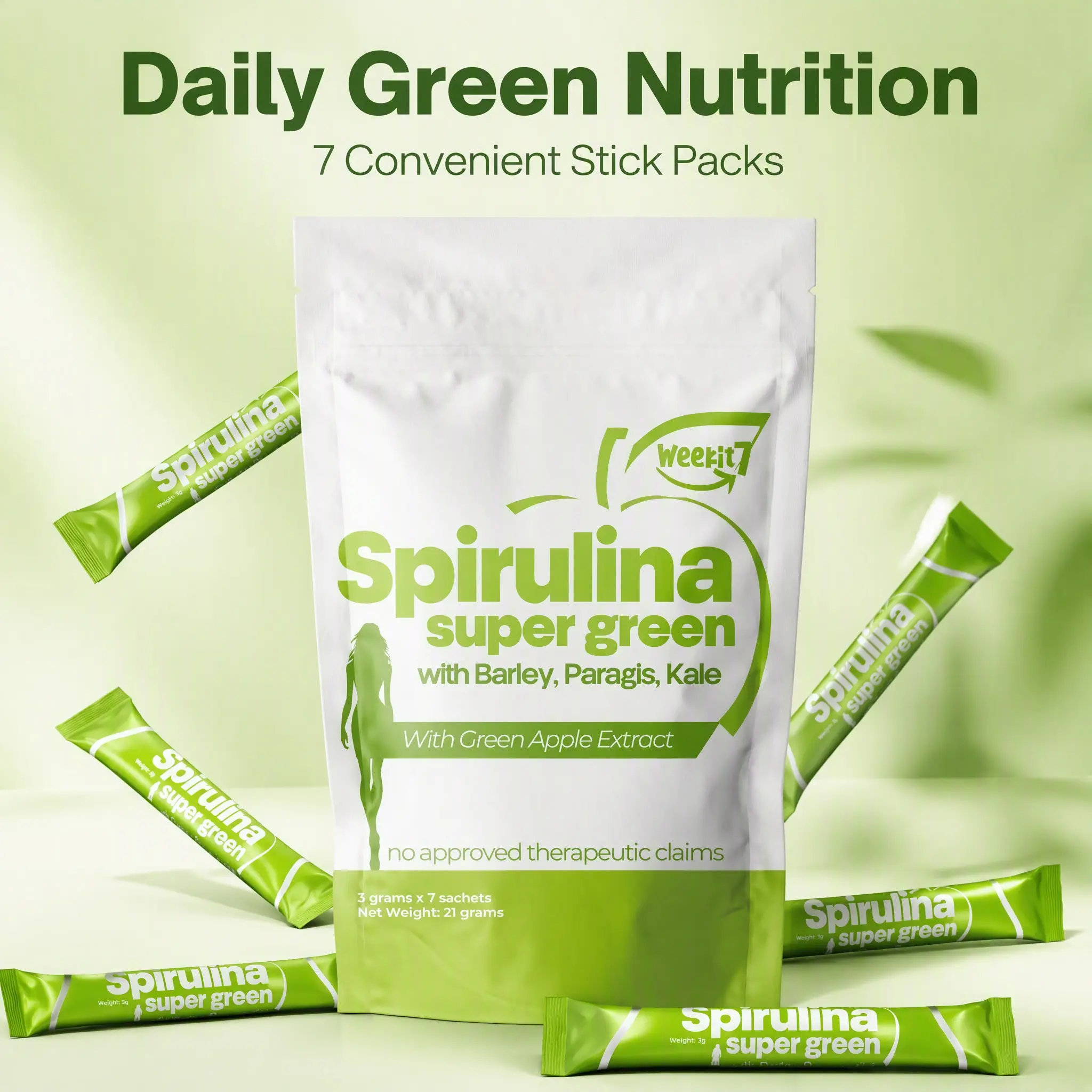 Weekit7  Feel Fresh from Within  |Spirulina Super Green Powder |Support Healthy Digestion & Gut Wellness with Spirulina, Paragis, Kale, Barley Grass & Green Apple Extract