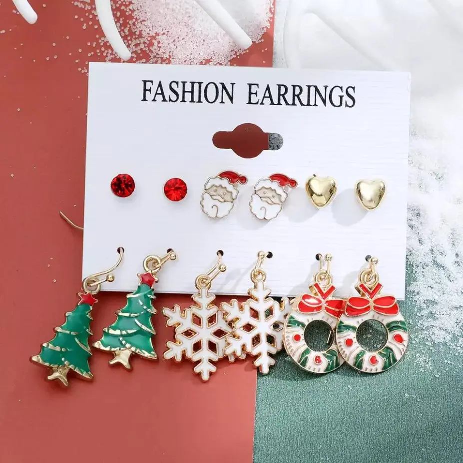 Set of 6 Christmas Earrings – Santa, Tree, Snowflake, Wreath, Heart & Rudolph