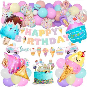 75Pcs Ice Cream Birthday Party Decorations For Girls Kids, Pastel Ice Cream Balloon Garland Arch Kit First Two Sweet Birthday Banner Foil Sprinkle Long Twist Balloons Cupcake Toppers Party Supplies