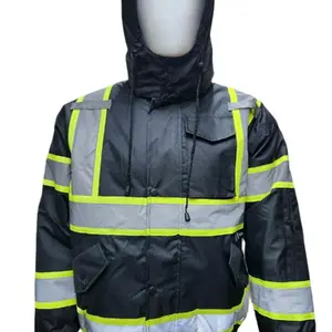 NEW High Visibility Reflective Black bomber safety rain jacket with sherpa insulation / water resistant black rain jacket (see sizing information on description)
