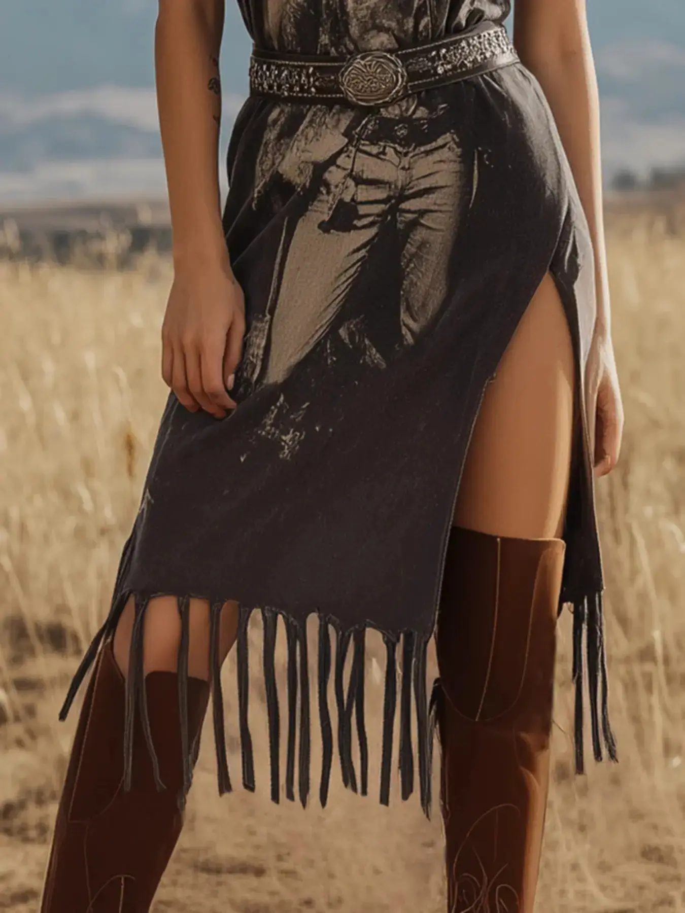Western Cowgirl Graphic Print Maxi Tee Dress |   Elegant Vintage Washed Tassel Fringe Slit Dress |   Country Concert Rodeo Outfit Womenswear
