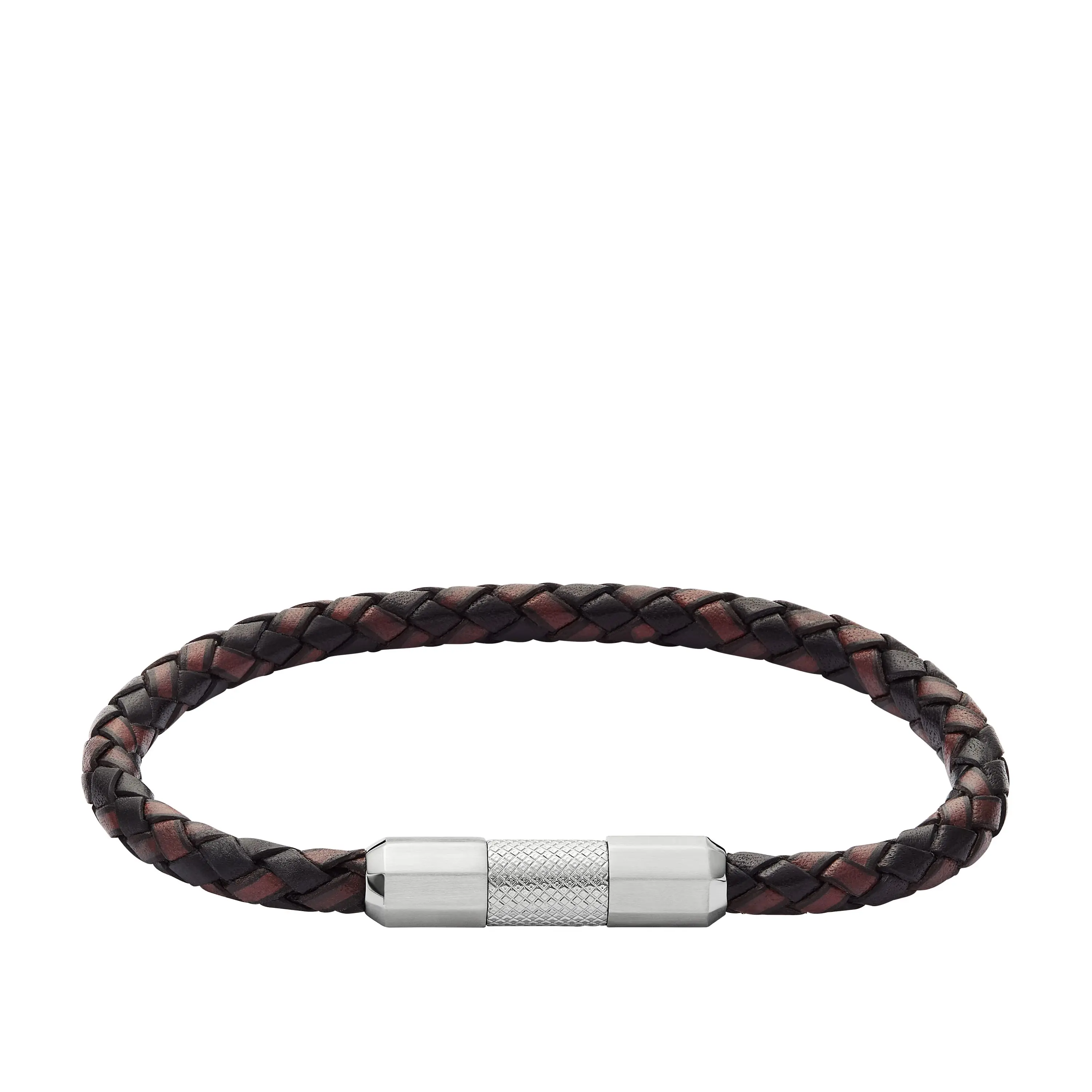 Fossil Men's Machine Knurled Texture Leather and Stainless Steel Station Bracelet