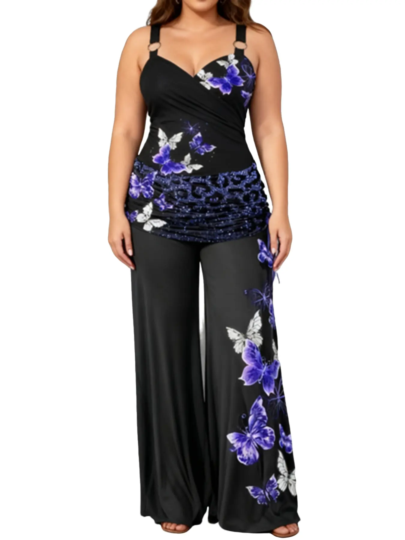 Women's Plus Size Elegant Two-Piece Set Outfit, Fashion Slim Fit Fitted Halter Sleeveless Butterfly Print Top and Pants, Halloween Party Womenswear, Printed Pants Set, Fashion Style Sets, Fashion Clothing Set