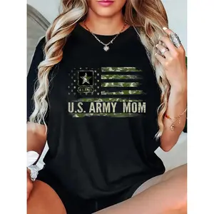 Women's 180g Cotton Black Crew Neck Short Sleeve Printed T-Shirt - U.S. Army Mom Camo Flag Graphic Tee for Military Mothers, Casual Summer Outfit, Lightweight & Comfy Fashion Top