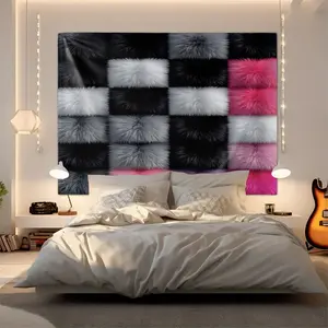 Cozy Modern Faux Fur Square Pattern Tapestry, Hanging Tapestry with Soft, Stylish Digital Print Wall Decor for Playful Bedroom & Living Room Aesthetic, Perfect for Trendy Home Decoration