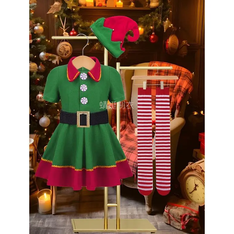 Girls' 4-Piece Christmas Costume Set, Striped Party Dress with Belt, Santa Hat & Stockings, Woven Polyester Holiday Wear Costume Ideas, 100% Polyester, Belted Dress, Party Events, Do Not Dry Clean