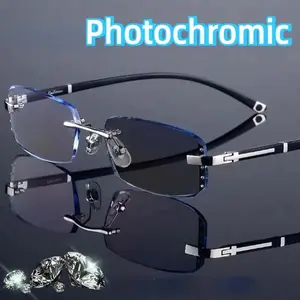 Luxury Diamond Cutting Rimless Presbyopia Glasses Finished Outdoor Photochromic Reading Sunglasses Far Sight +1.0+1.5 Eyeglasses