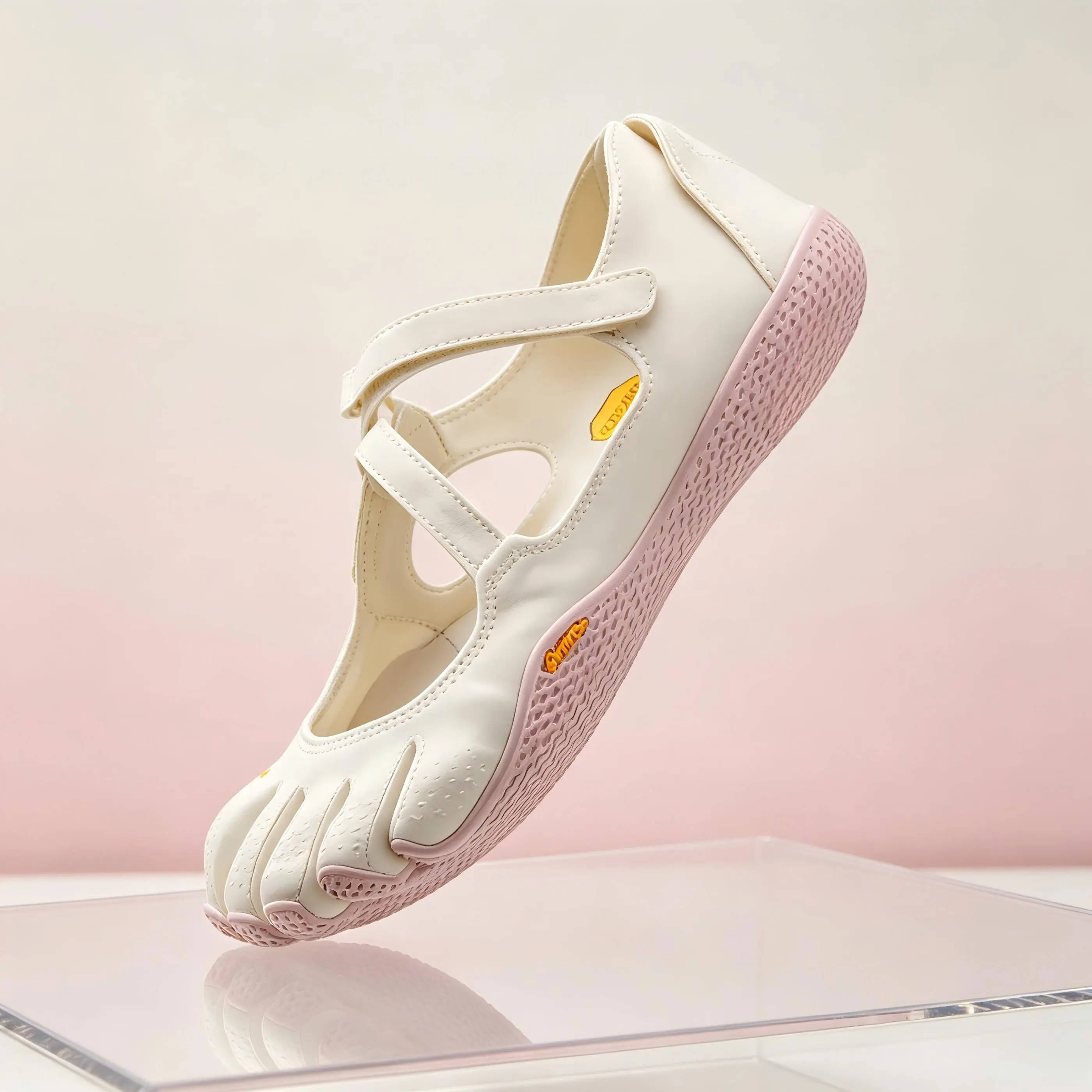 Cute Cream Five Finger Shoes for Women, Wide Toe Box Minimalist Barefoot Shoes, Anti Slip Thin Sole Training Footwear for Home Gym Pilates Yoga, Adjustable Ankle Strap Five Toe Sneakers, Natural Ground Feel Foot Strengthen Workout Shoes