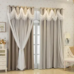 1 pc living room aesthetic blackout curtains with integrated sheer layer and scalloped valance, beige linen textured thermal insulated privacy window treatments for luxury home decor