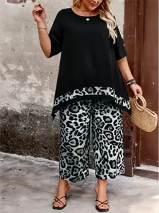 Women's Fashion Leopard Print Round Neck Fan Shape Plus Size Set, 2 Piece Casual, Stylish and Comfortable Clothing