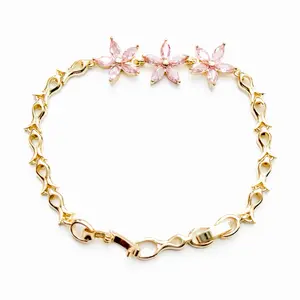 14k Gold Plated Artificial Gemstone Bracelet with 3 Pink Flower Cubic Zirconia Accents