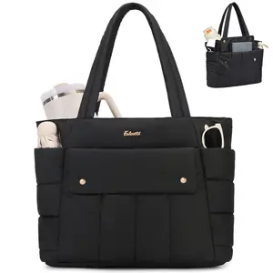 Eslcorri Large Puffer Tote Bag for Women, 21L Quilted Carry-On Purse with Luggage Sleeve, Padded Work Handbag for Travel, Gym